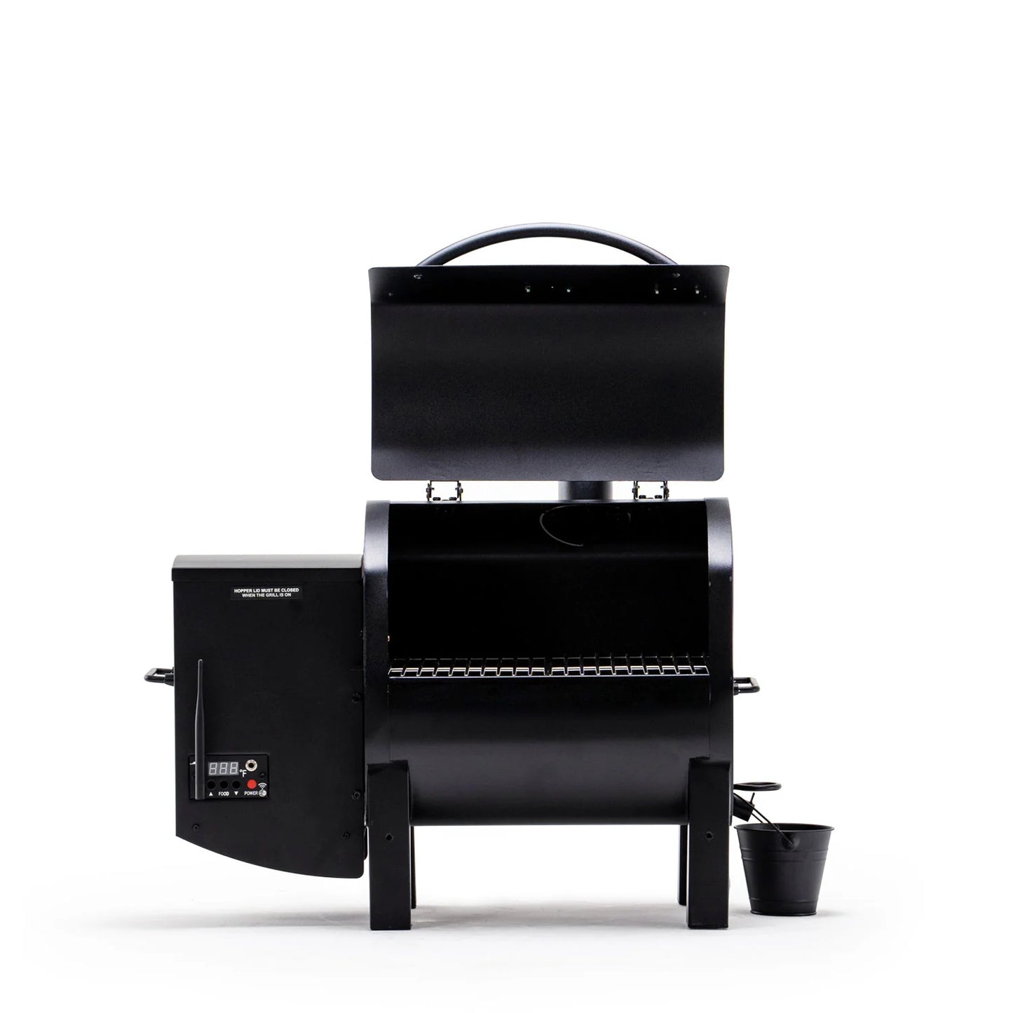 Green Mountain Grills Trek 2.0 with lid open on a white background