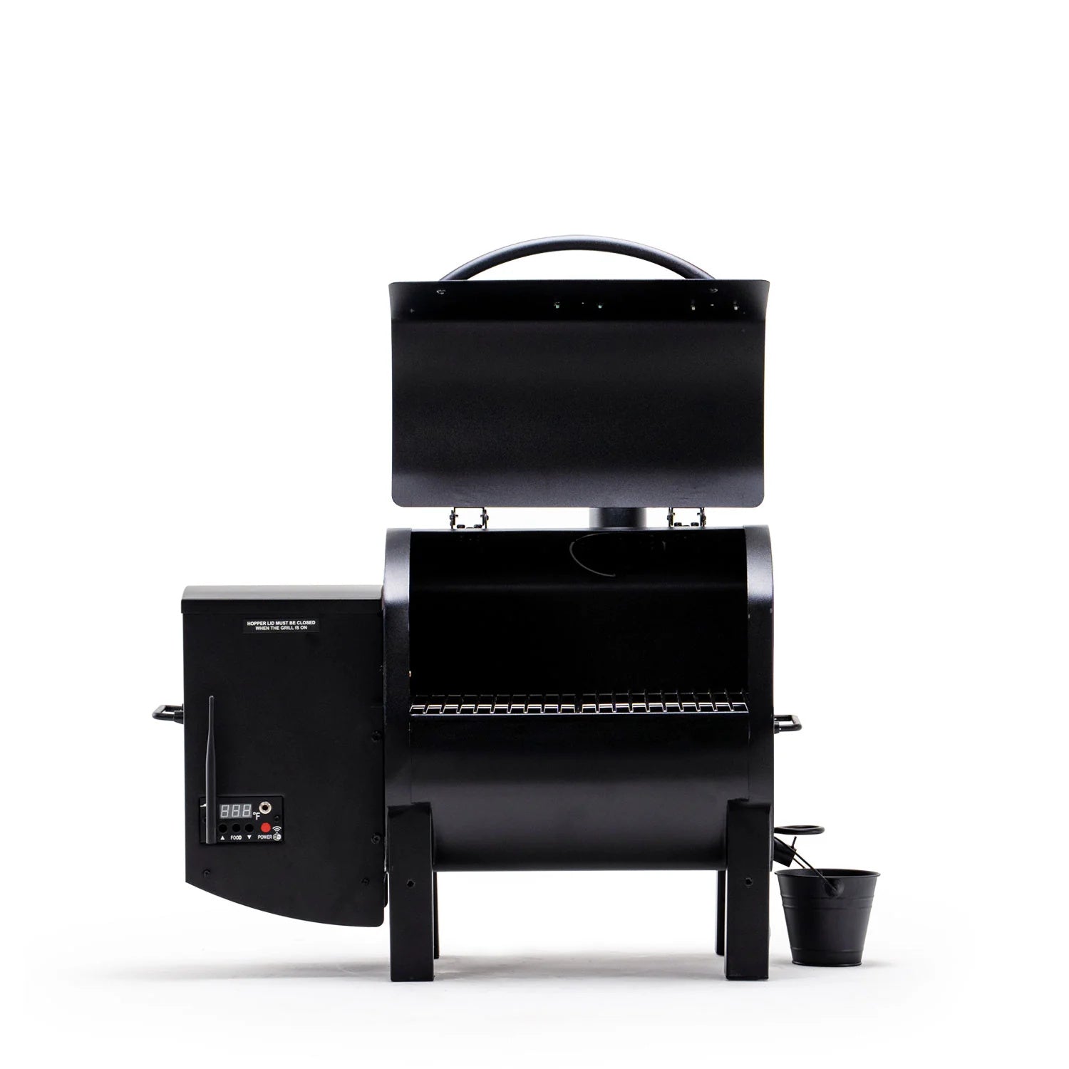 Green Mountain Grills Trek 2.0 with lid open on a white background