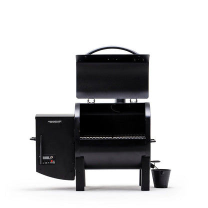 Green Mountain Grills Trek 2.0 with lid open on a white background