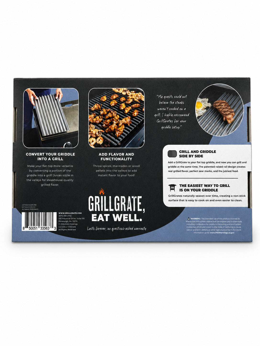 GrillGrate for Flat Tops packaging with images and text on a white background