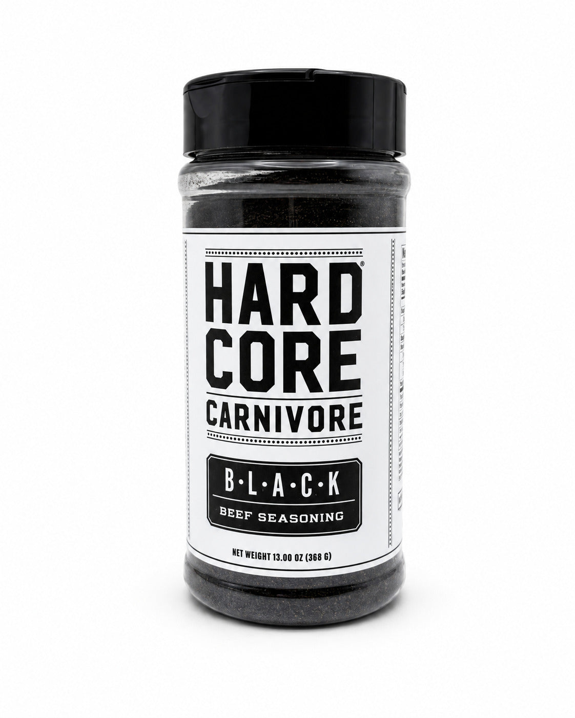 Jar of 'Hard Core Carnivore B.L.A.C.K.' beef seasoning on a white background
