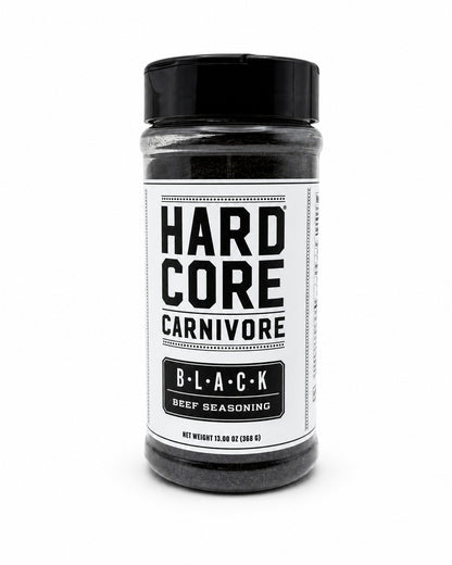 Jar of 'Hard Core Carnivore B.L.A.C.K.' beef seasoning on a white background