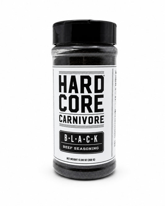 Jar of 'Hard Core Carnivore B.L.A.C.K.' beef seasoning on a white background