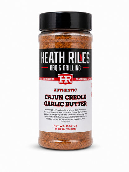 Jar of Heath Riles BBQ & Grilling Cajun Creole Garlic Butter seasoning on a white background