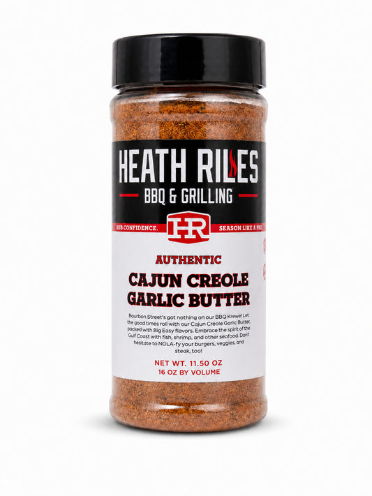 Jar of Heath Riles BBQ & Grilling Cajun Creole Garlic Butter seasoning on a white background