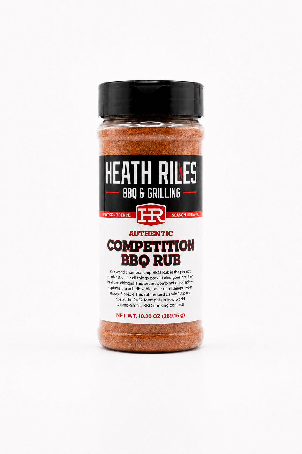 Heath Riles BBQ & Grilling Competition BBQ Rub jar on a white background