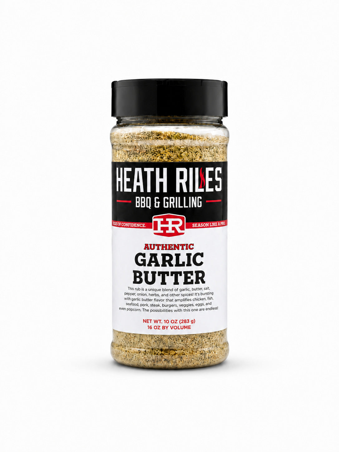 Bottle of Heath Riles Garlic Butter BBQ seasoning on a white background