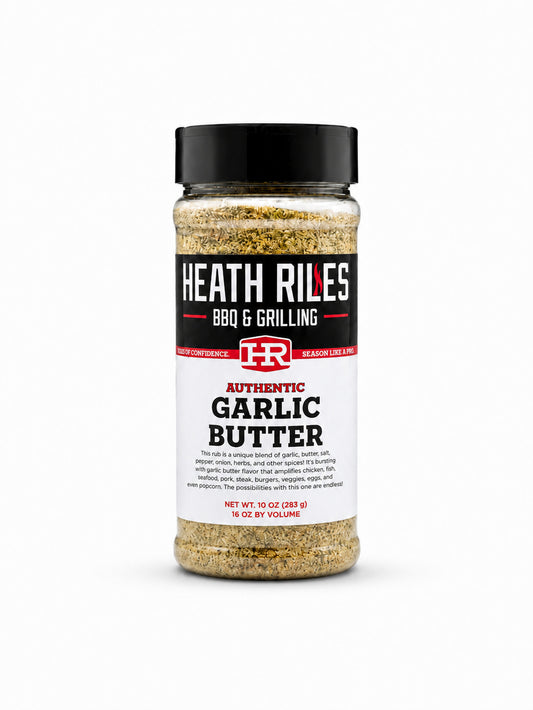 Bottle of Heath Riles Garlic Butter BBQ seasoning on a white background