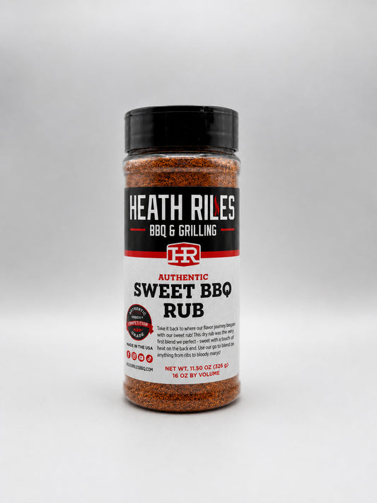 Bottle of Heath Riles Sweet BBQ Rub on a white background