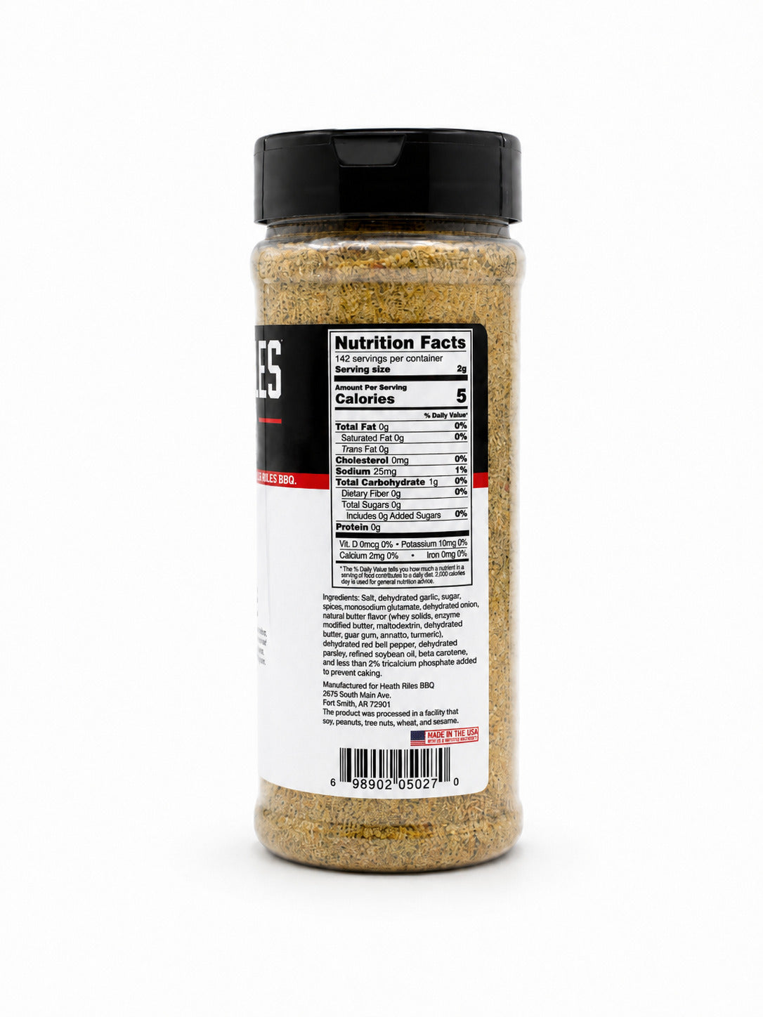 Heath Riles BBQ & Grilling Garlic Butter bottle with nutrition label on a white background