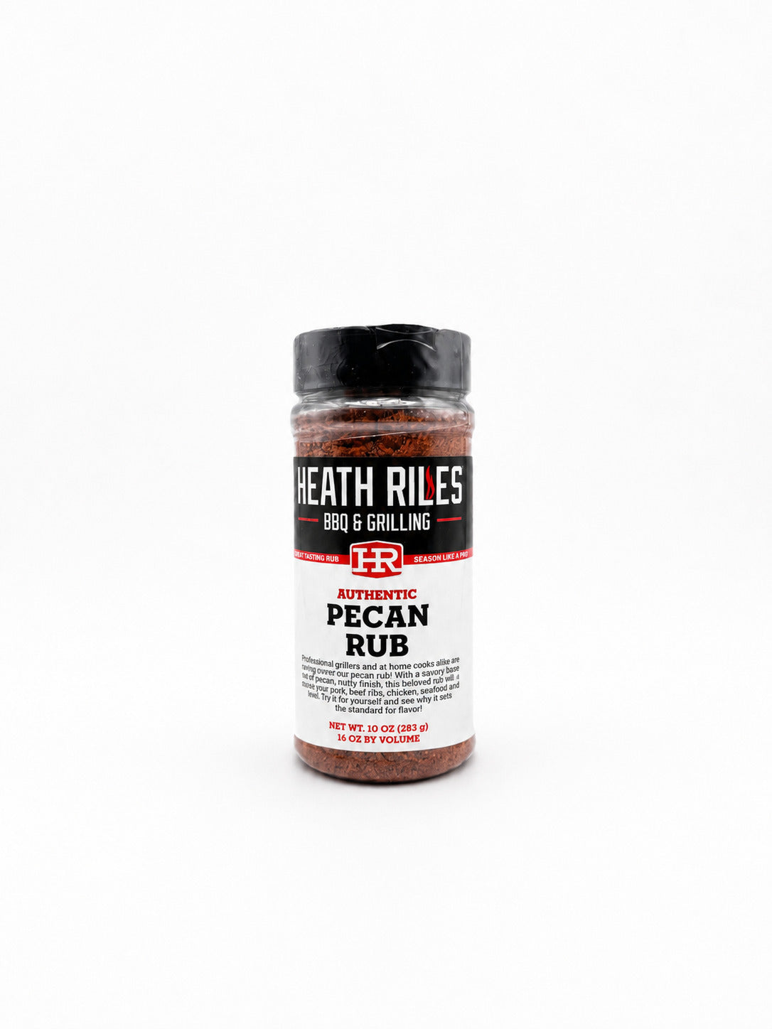 Jar of Heath Riles Authentic Pecan Rub on a white background