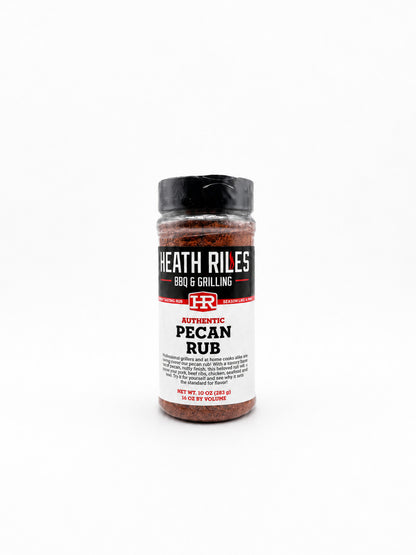 Jar of Heath Riles Authentic Pecan Rub on a white background