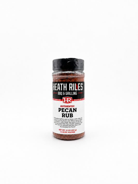 Jar of Heath Riles Authentic Pecan Rub on a white background