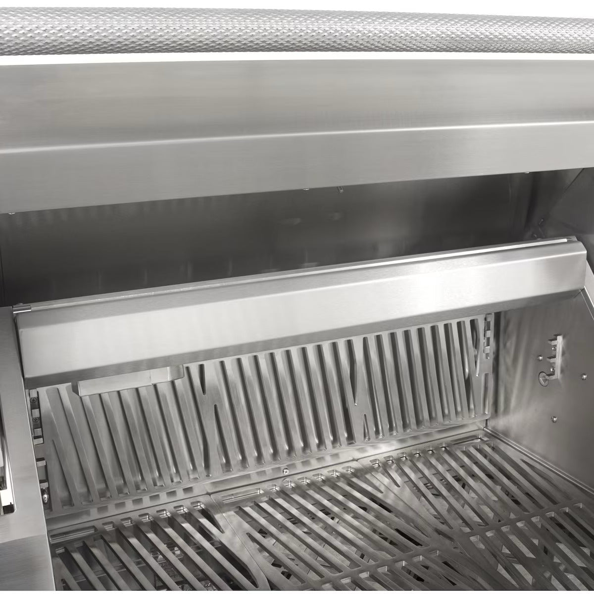 Hestan 30" Built In Gas Grill with Lid open showing upper rack storage option