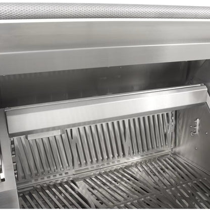 Hestan 30" Built In Gas Grill with Lid open showing upper rack storage option