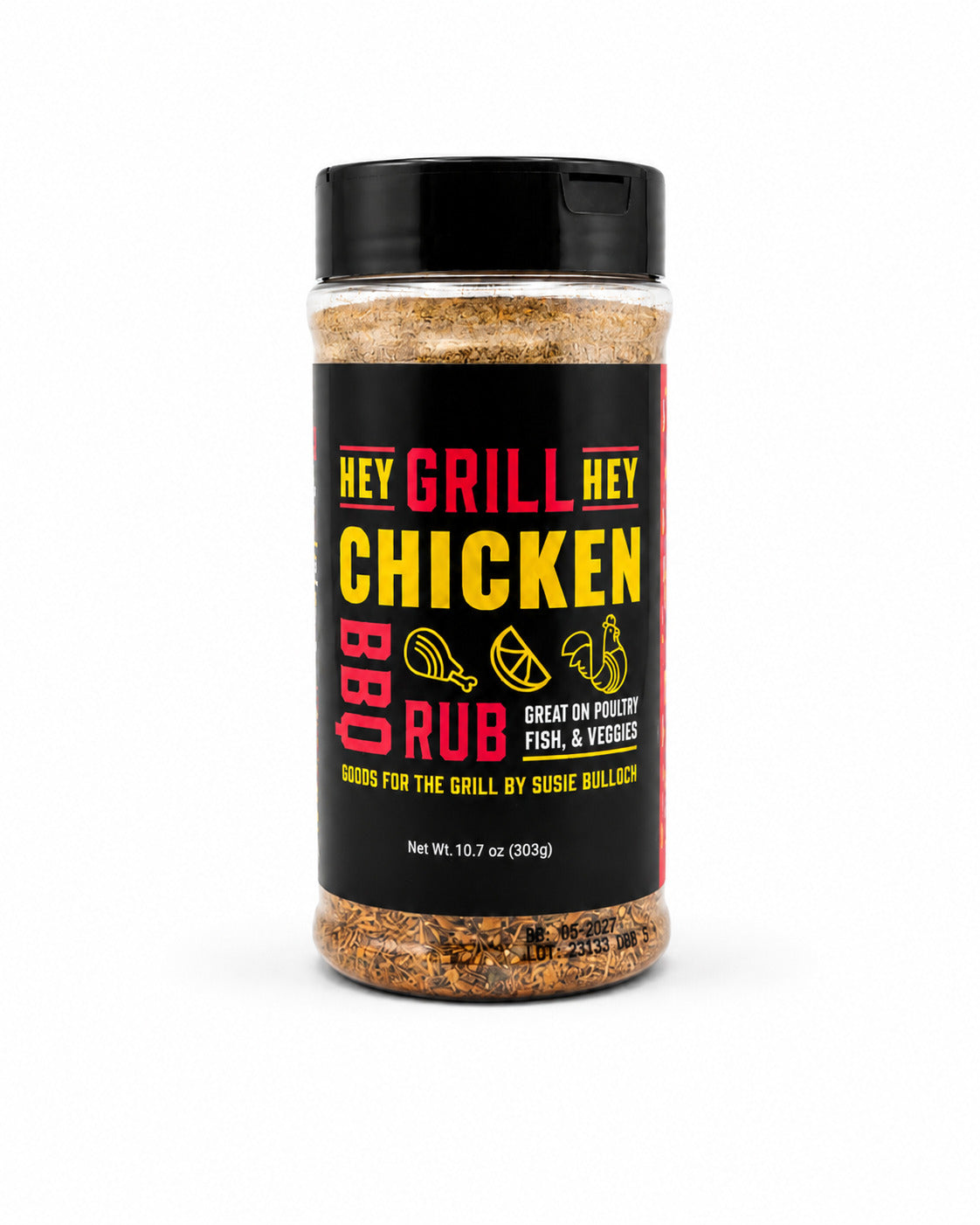Bottle of 'Hey Grill Hey Chicken BBQ Rub' on a white background