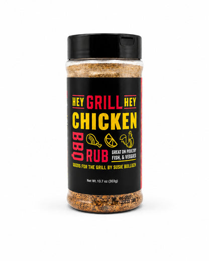 Bottle of 'Hey Grill Hey Chicken BBQ Rub' on a white background