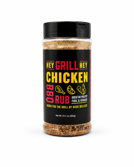 Bottle of 'Hey Grill Hey Chicken BBQ Rub' on a white background