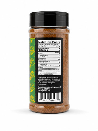 Hey Grill Hey Fiesta Rub with nutrition facts label on a white background