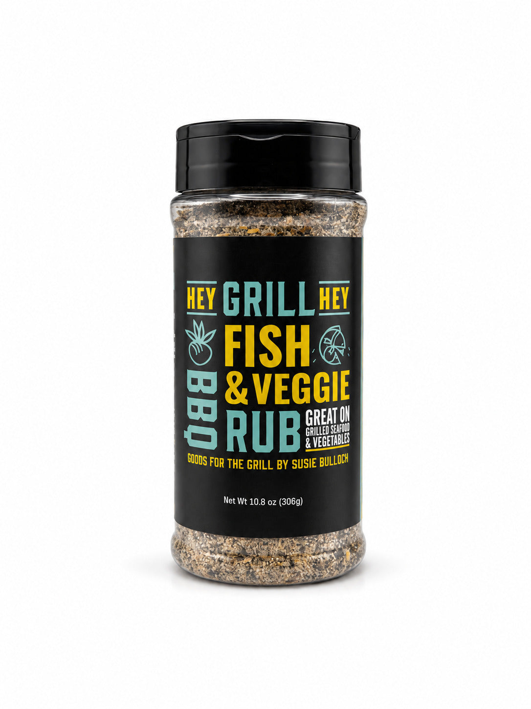 Bottle of 'Hey Grill, Hey Fish & Veggie Rub' on a white background
