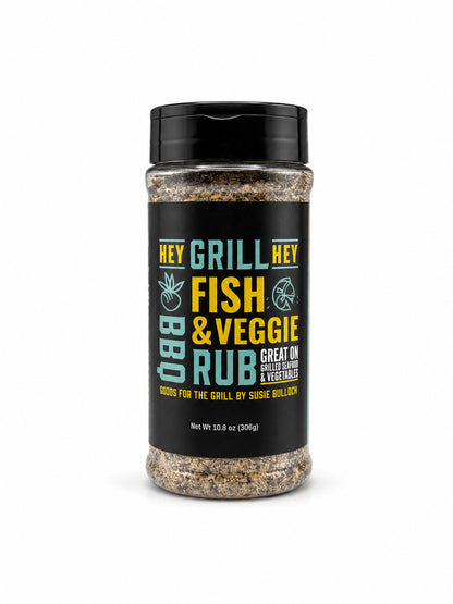 Bottle of 'Hey Grill, Hey Fish & Veggie Rub' on a white background