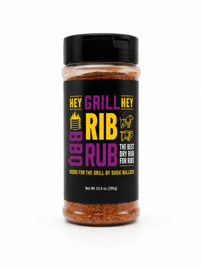 Jar of 'Hey Grill Rib Rub' on a white background