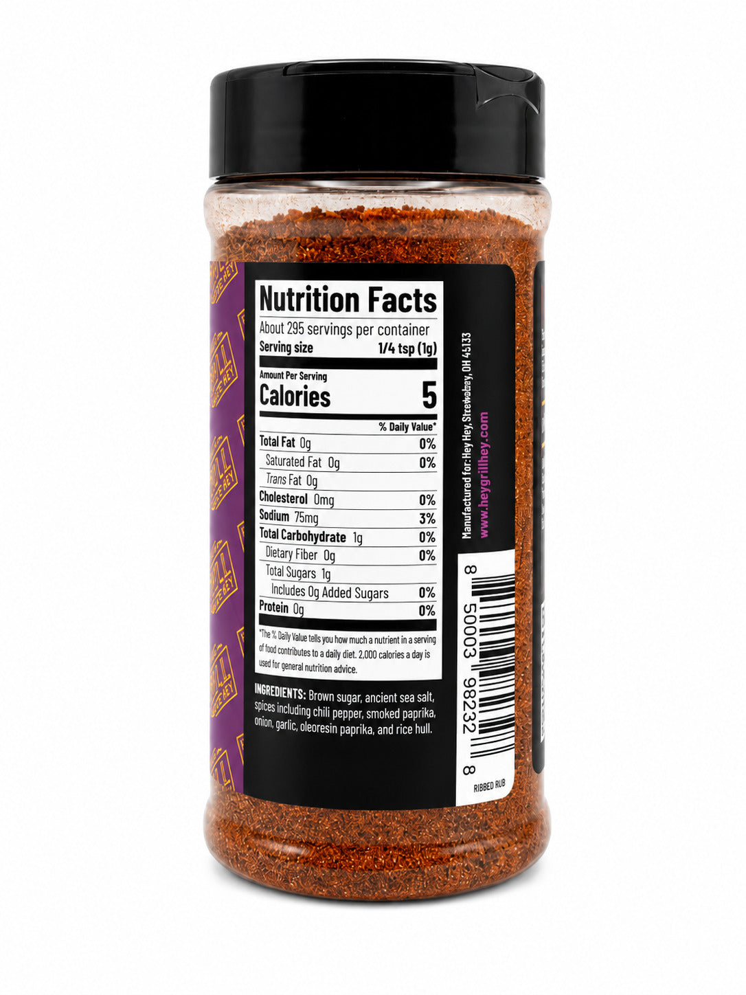 Hey Grill Hey Rib Rub bottle with nutrition facts label on a white background