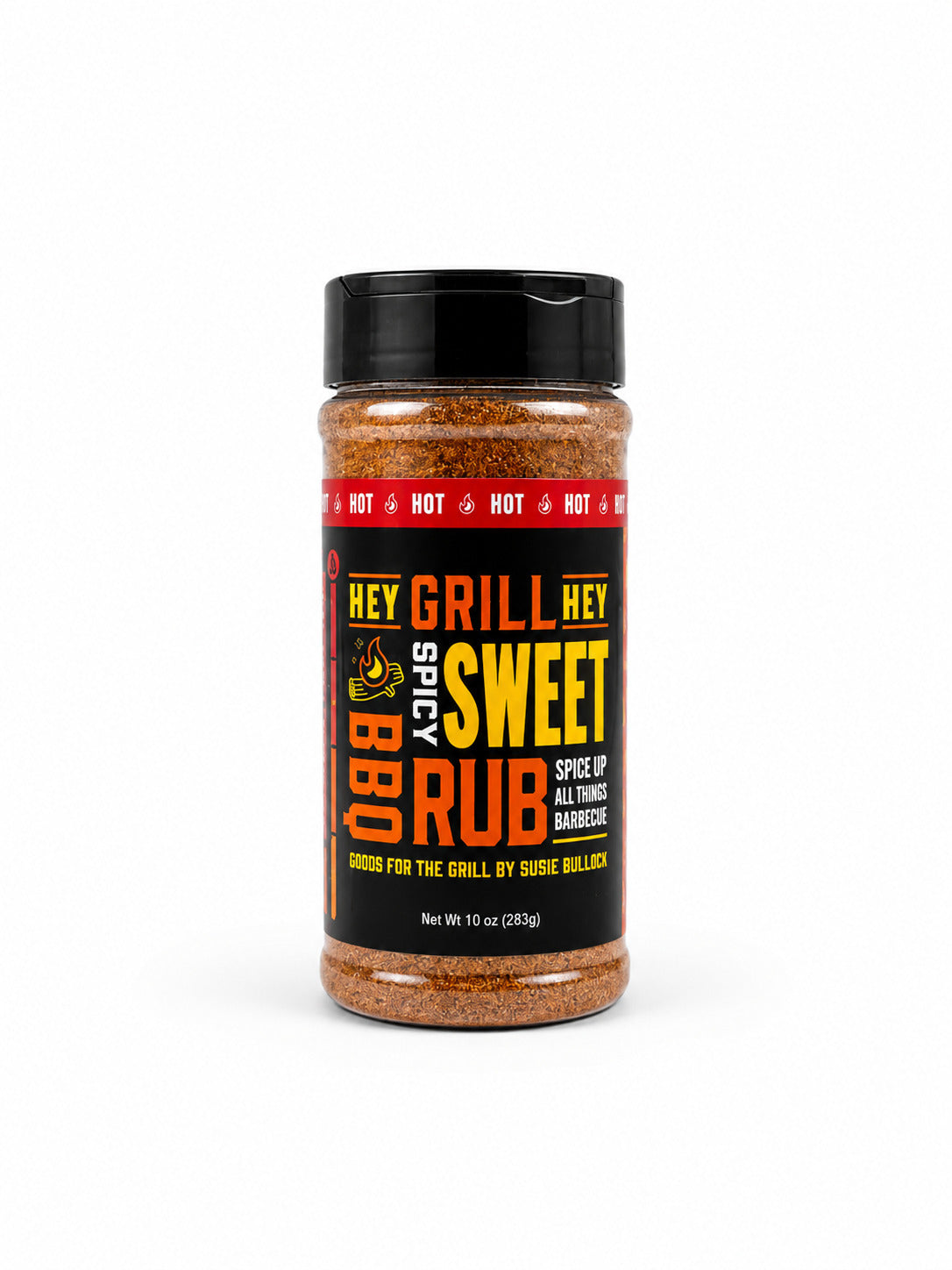 Spice jar labeled 'Hey Grill, Hey Sweet BBQ Rub' on a white background