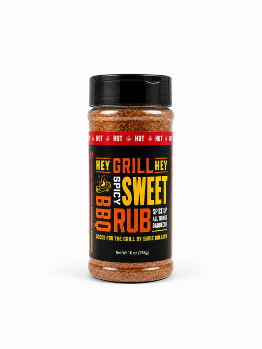 Spice jar labeled 'Hey Grill, Hey Sweet BBQ Rub' on a white background