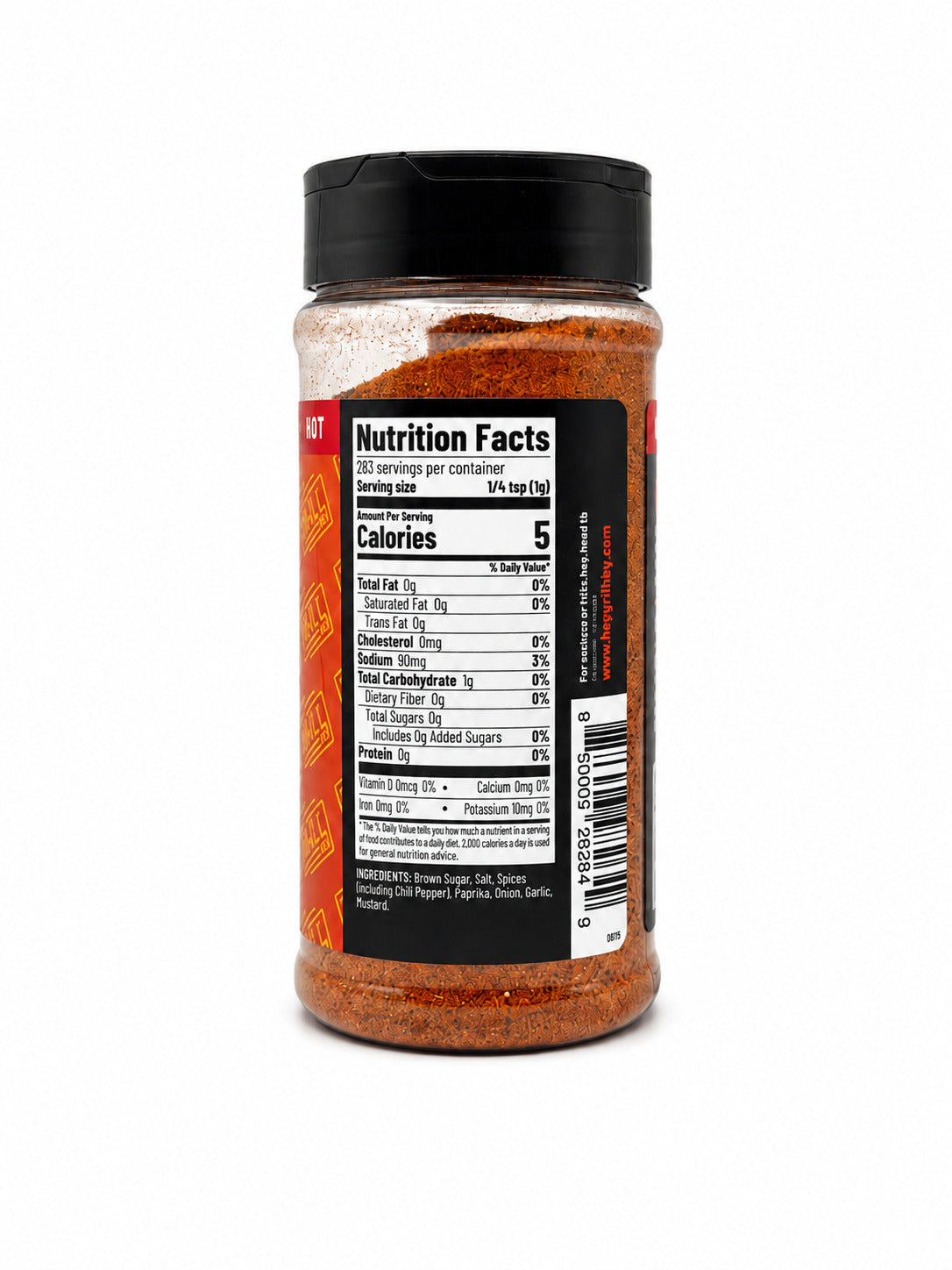 Hey Grill Hey Spicy Sweet Rub bottle showing the Ingredient Label on a white background