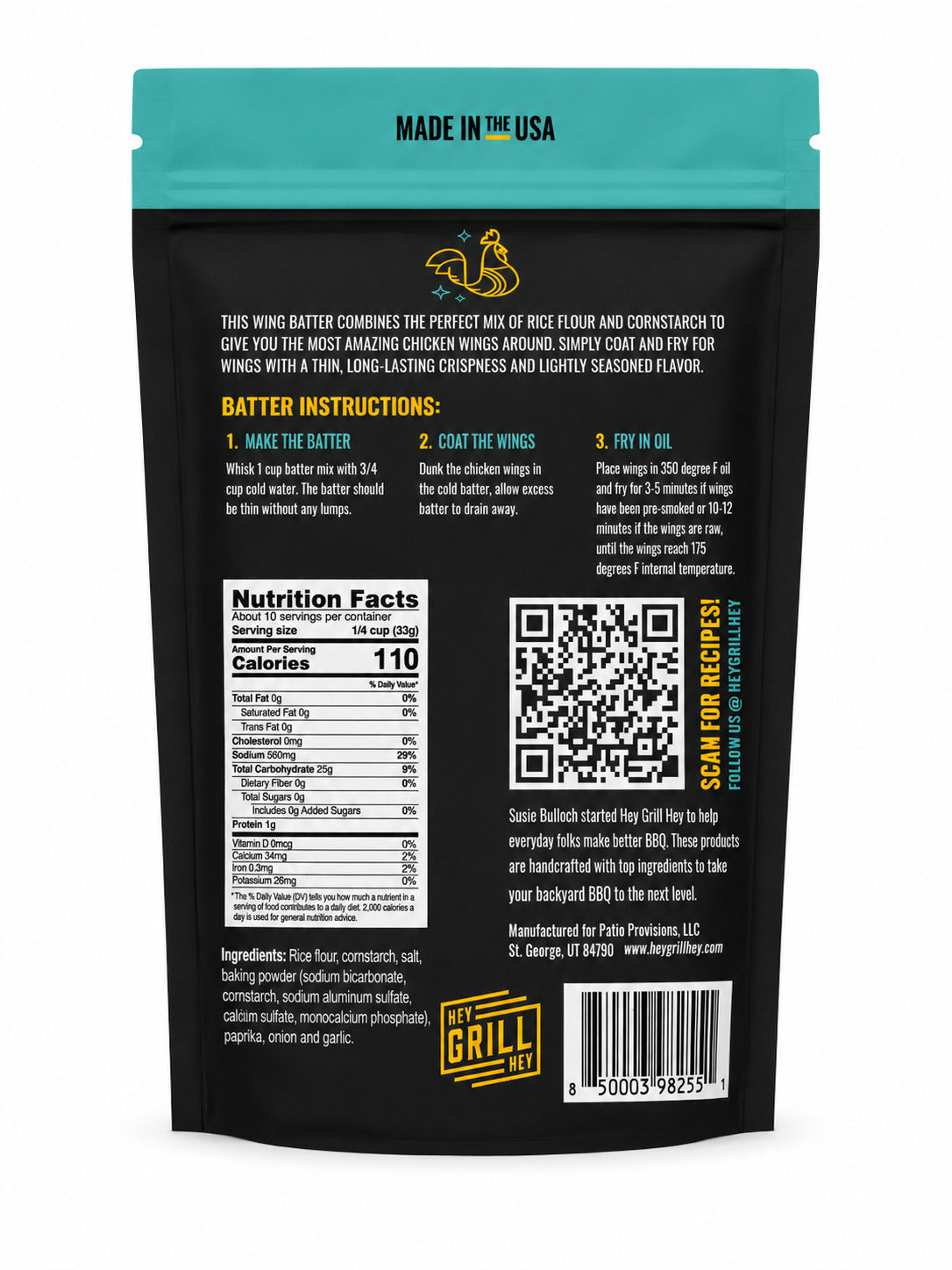 Back view of Hey Grill Hey Crispy Chicken Wing Batter package with teal top, nutritional information, Ingredients label, and QR code.