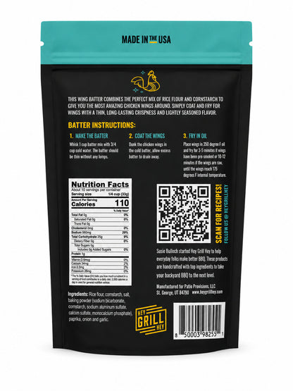 Back view of Hey Grill Hey Crispy Chicken Wing Batter package with teal top, nutritional information, Ingredients label, and QR code.