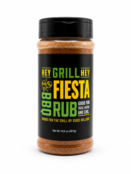 Jar of 'Hey Grill Hey Fiesta Rub' on a white background