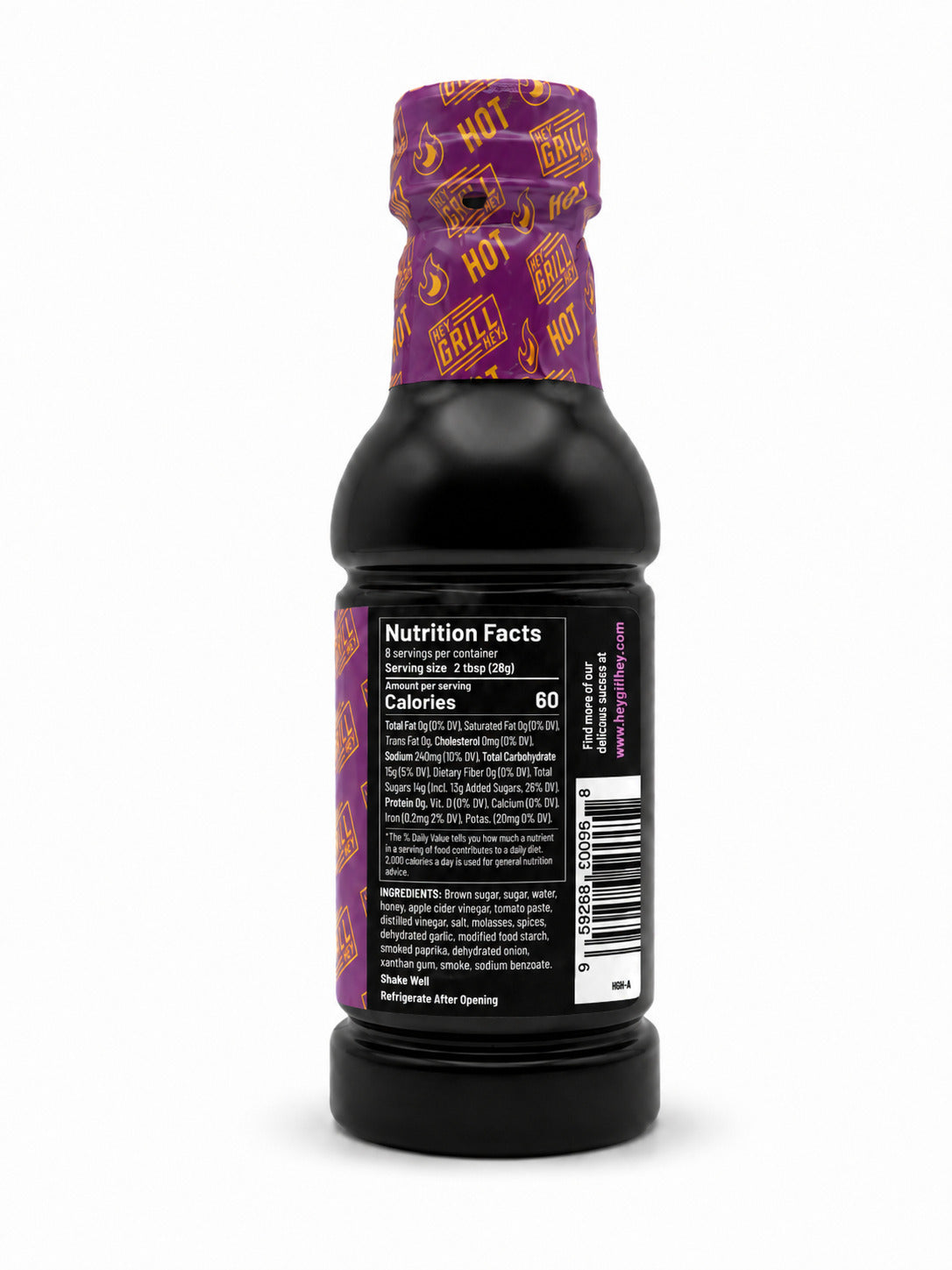 Hey Grill Hey Hot Honey BBQ Sauce bottle showing the ingredients label on a white background