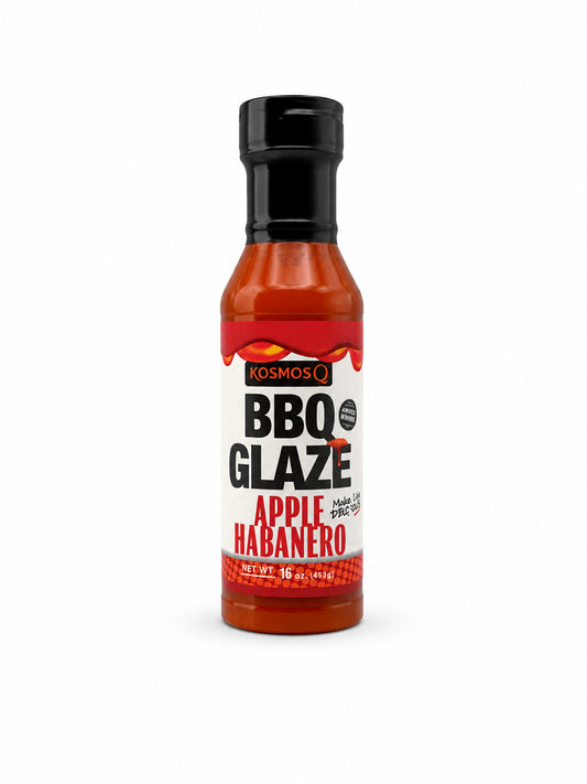 Bottle of Kosmos BBQ Glaze Apple Habanero on a white background