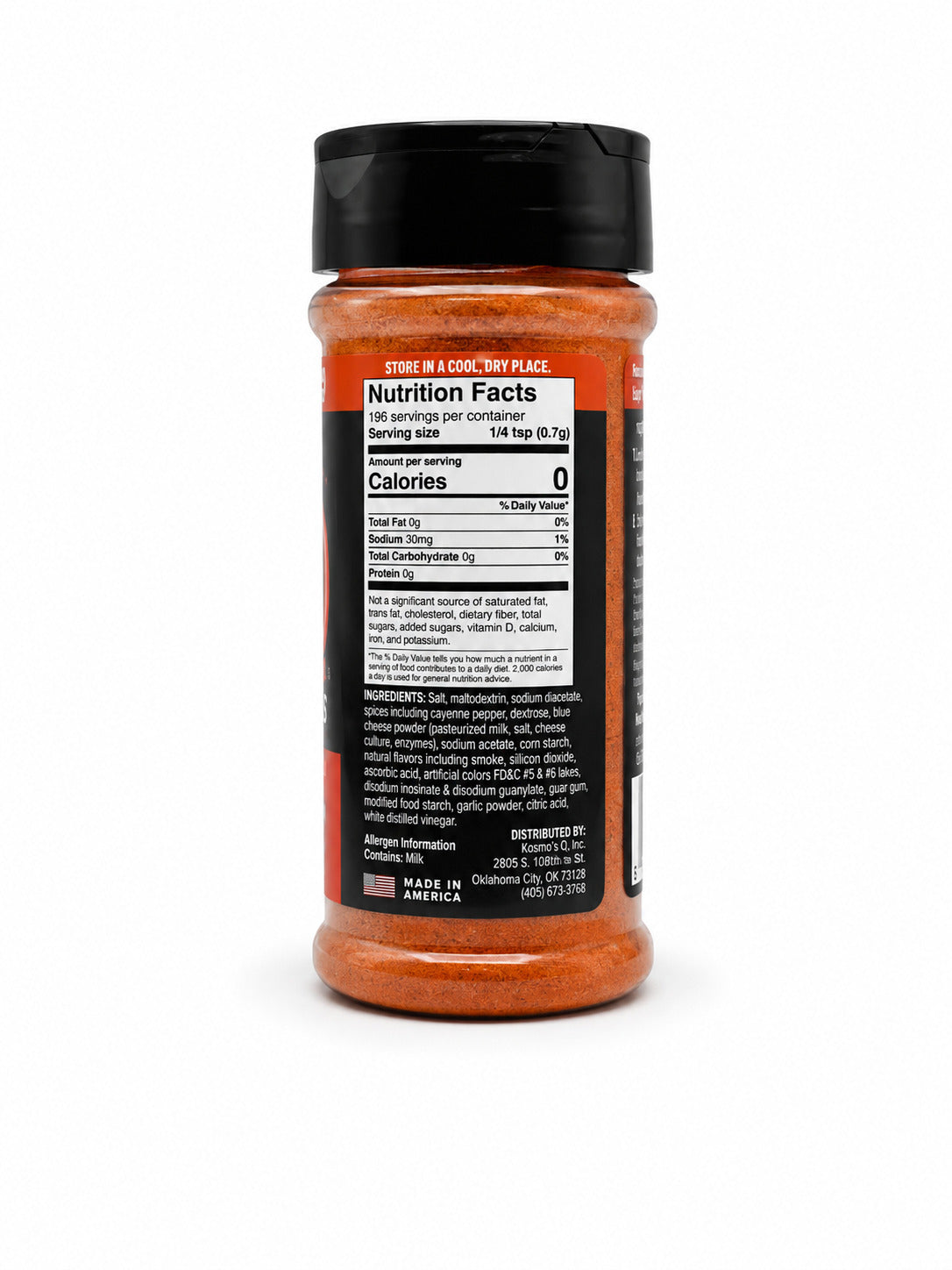 Kosmos Q Buffalo Wing Dust bottle with nutrition facts label on a white background