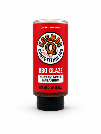 Kosmos Q Cherry Apple Habanero BBQ Glaze bottle with red label on a white background