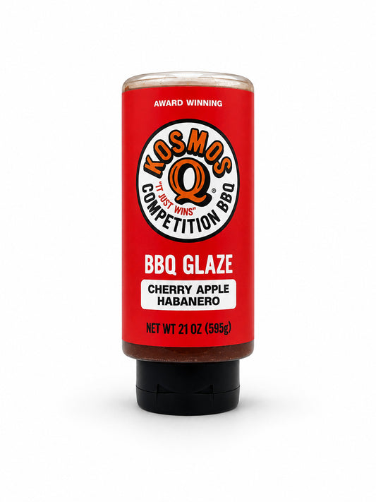 Kosmos Q Cherry Apple Habanero BBQ Glaze bottle with red label on a white background