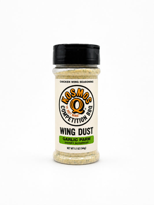 Kosmos Q Garlic Parm Wing Dust bottle on a white background
