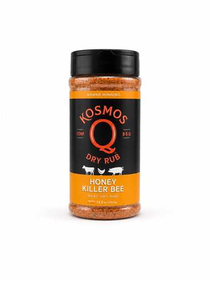 Kosmos Q Honey Killer Bee dry rub bottle on a white background