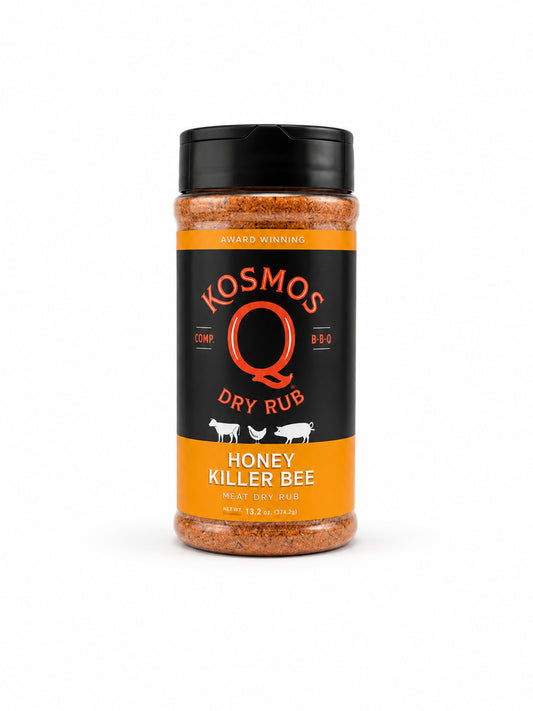Kosmos Q Honey Killer Bee dry rub bottle on a white background
