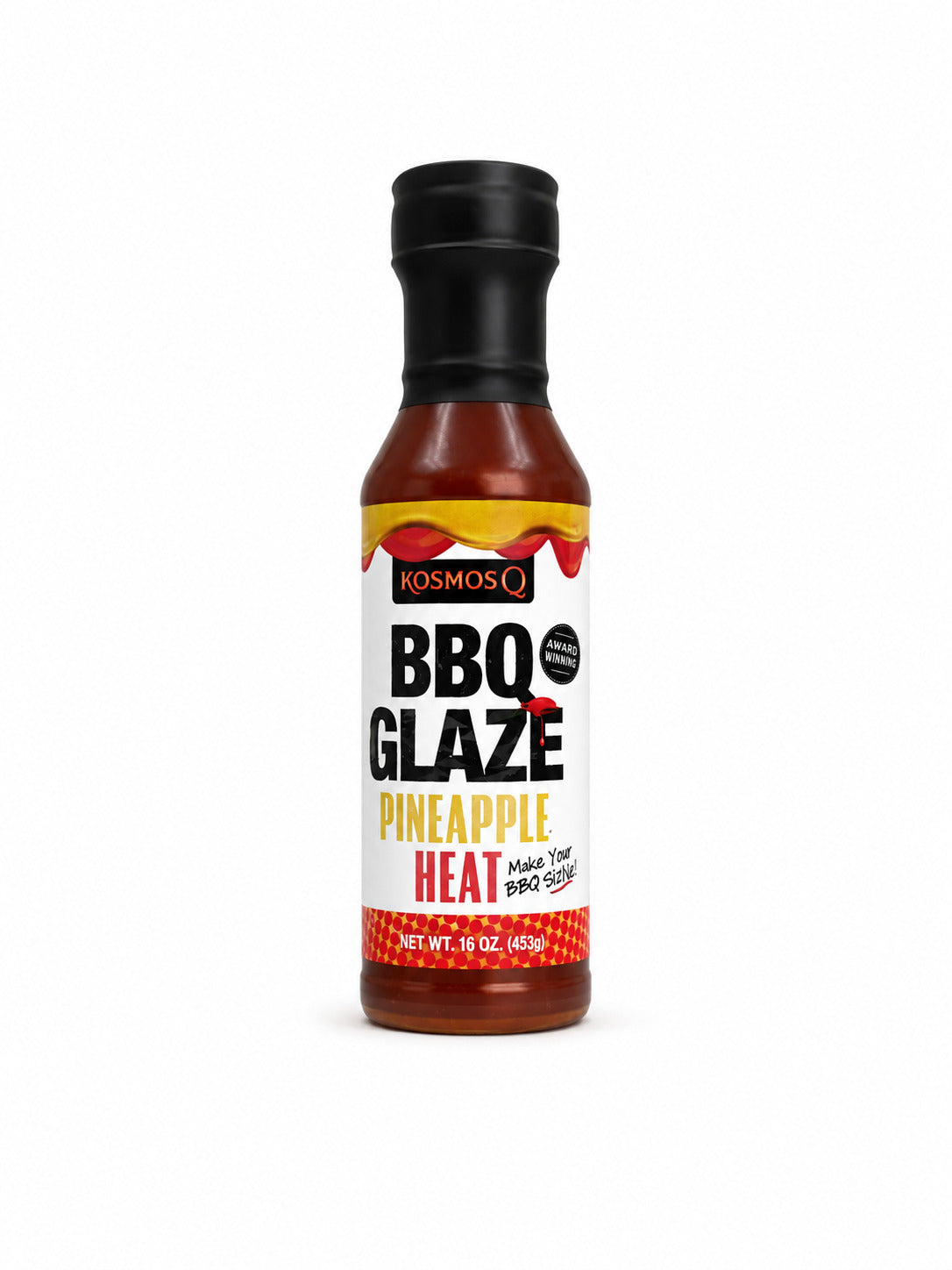 Bottle of Kosmos Q Pineapple Heat BBQ Glaze on a white background