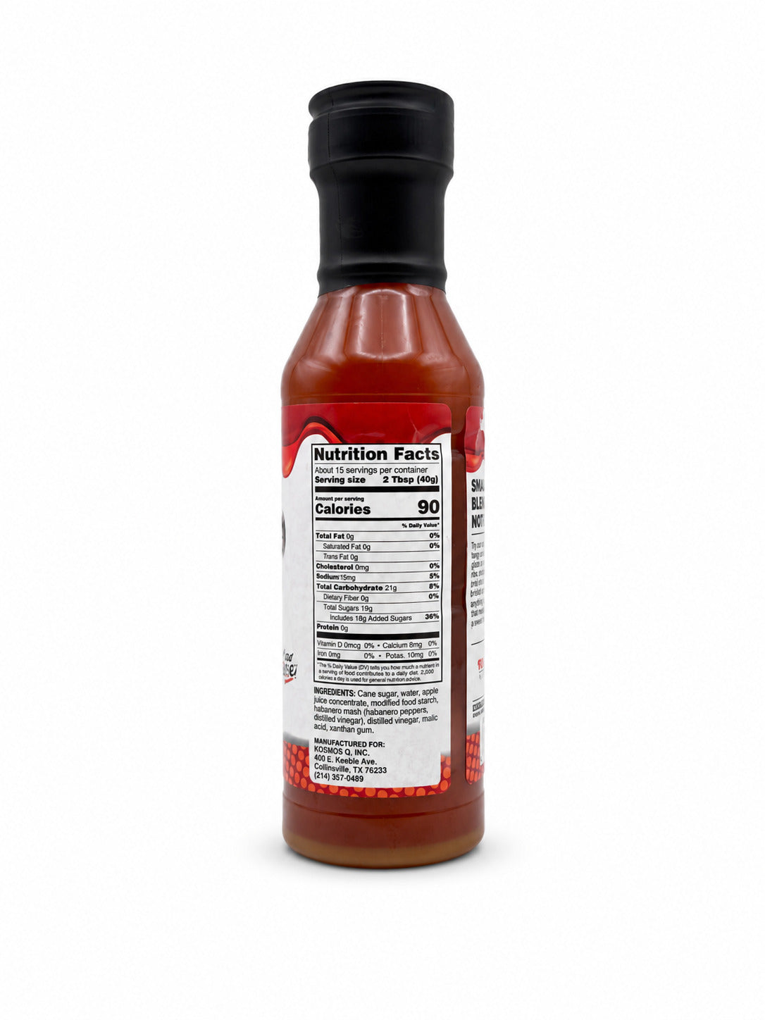 Bottle of Kosmos Apple Habanero BBQ Glaze with nutrition label on a white background