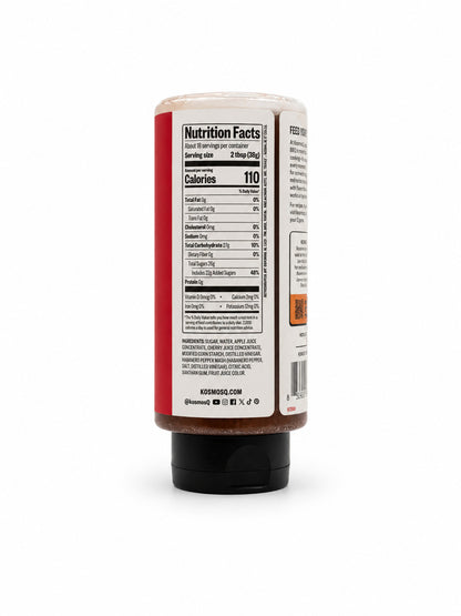 Kosmos Q Cherry Apple Habanero BBQ Glaze Nutrition facts label on a bottle with a white background