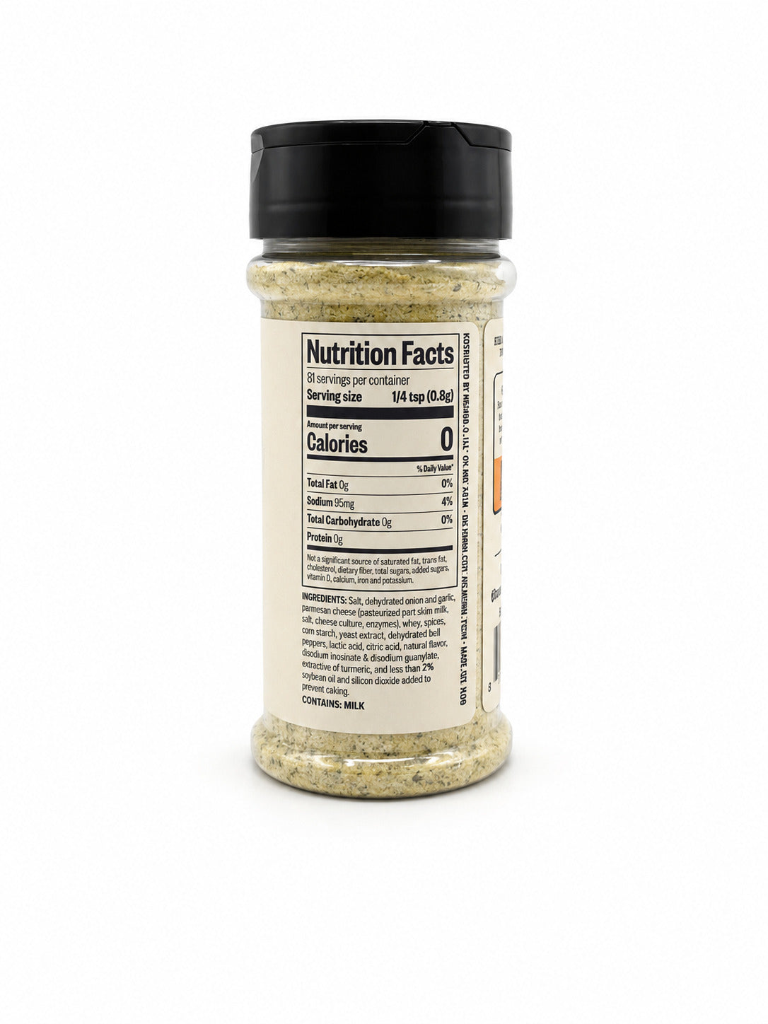 Kosmos Q Garlic Parm Wing Dust bottle with nutrition facts label on a white background