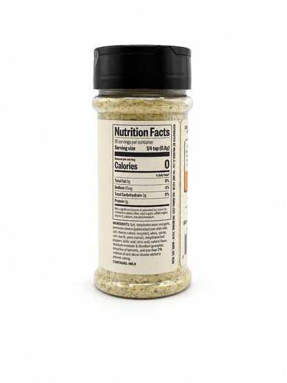 Kosmos Q Garlic Parm Wing Dust bottle with nutrition facts label on a white background