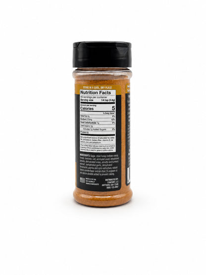 Kosmos Q Honey BBQ Wing Dust bottle with nutrition label on a white background