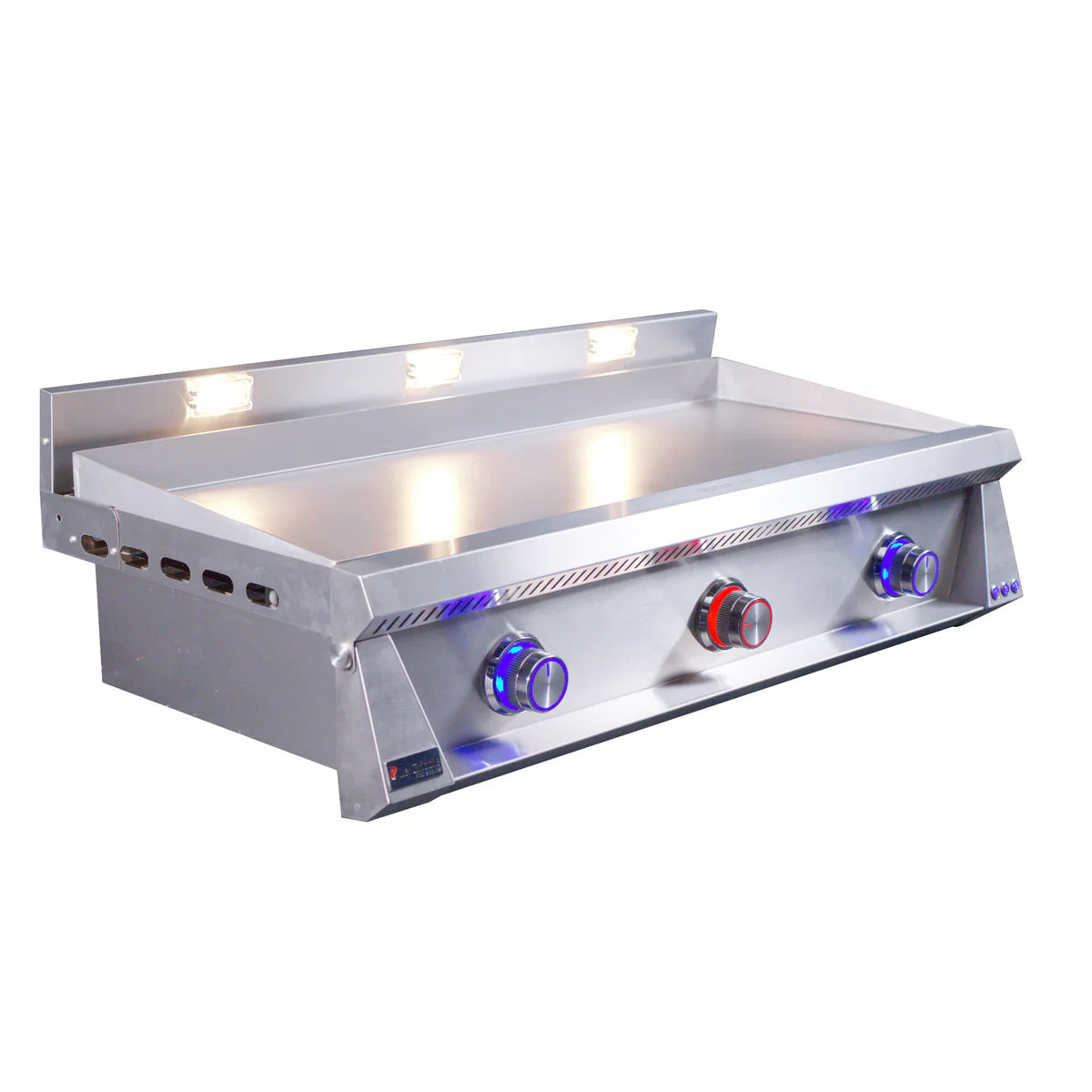 Le Griddle Pro Series 105 Gas Griddle with 3mm Plate with red and blue lights on an angle on a white background