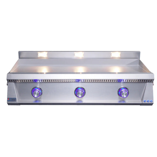 Le Griddle Pro Series 105 Gas Griddle with 3mm Plate with blue lights on a white background