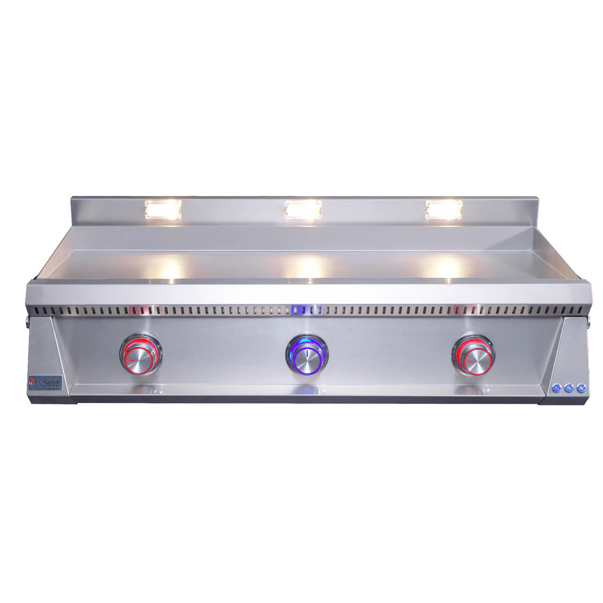 Le Griddle Pro Series 105 Gas Griddle with 3mm Plate with red and blue lights on a white background